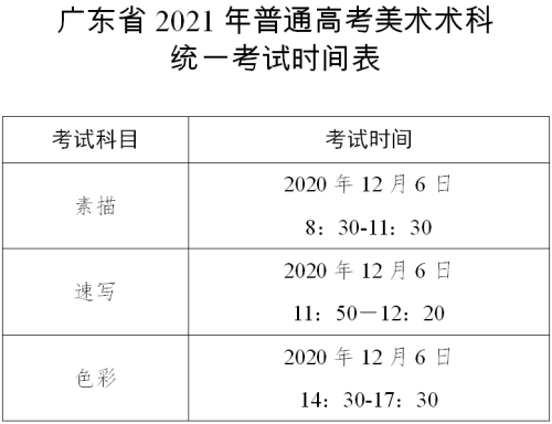 广东美术考试时间表